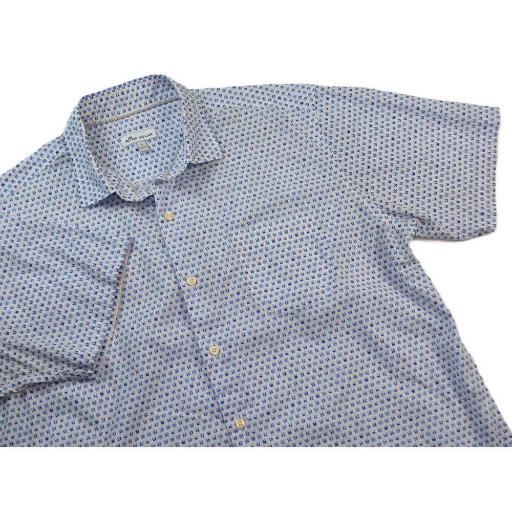 Peter Millar Mens L Blue Cocktail Drink Print Short Sleeve Button Down Shirt